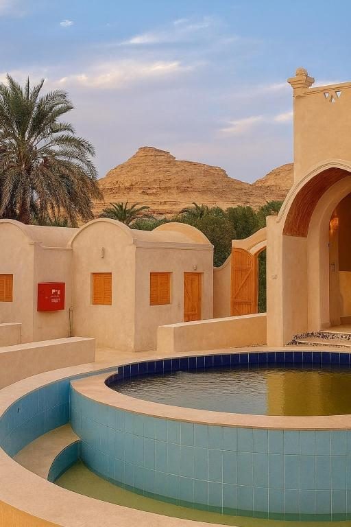 Round pool beside mud-brick buildings with a desert mountain behind