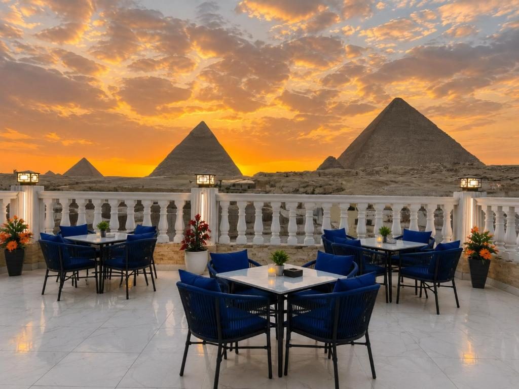 Rooftop terrace with tables facing the pyramids at sunset