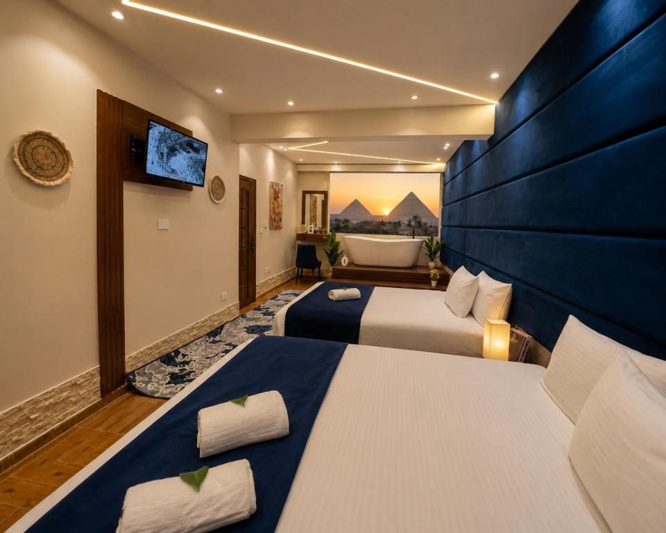 Spacious room with two beds and a view of the pyramids