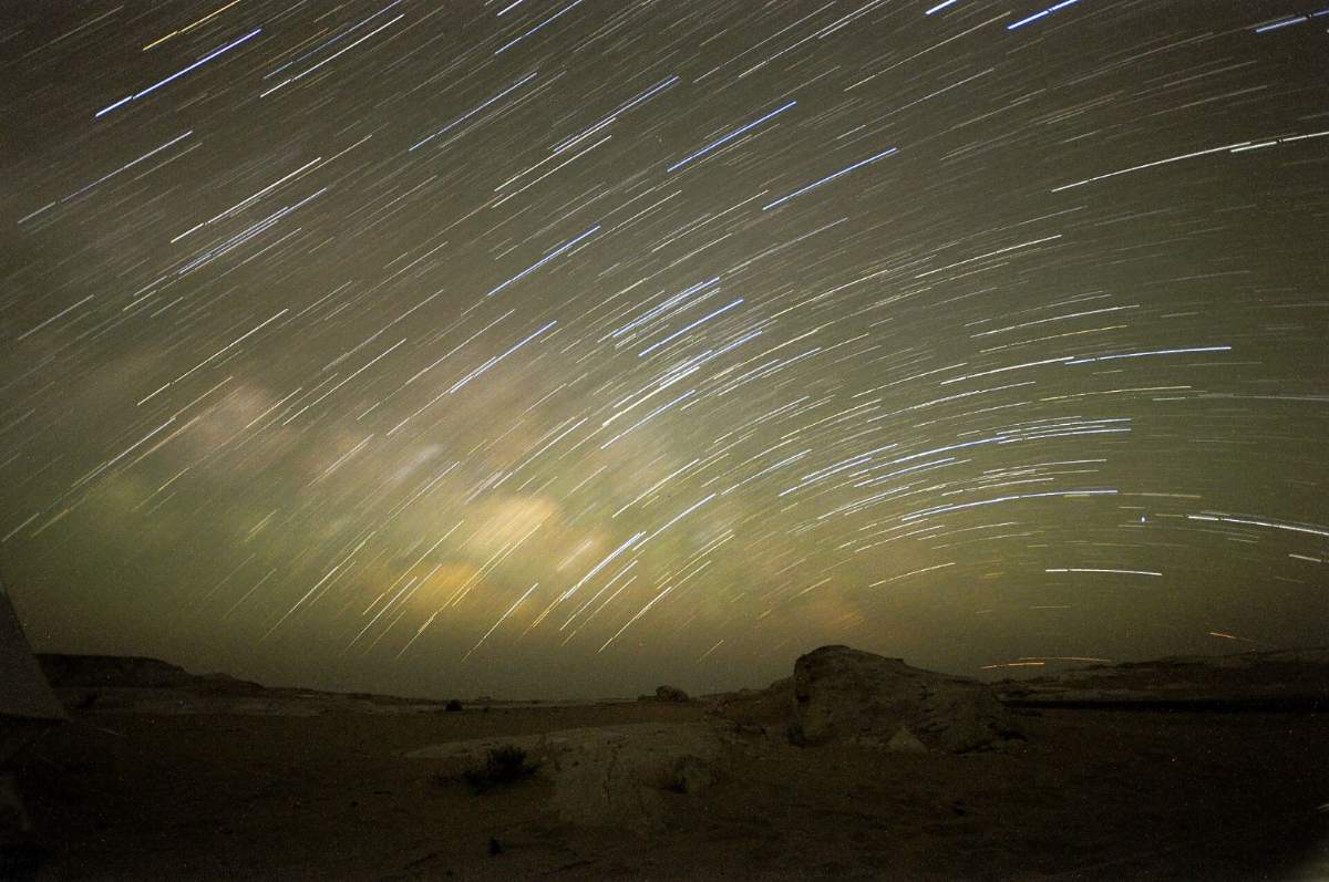 Star trails above the White Desert at night