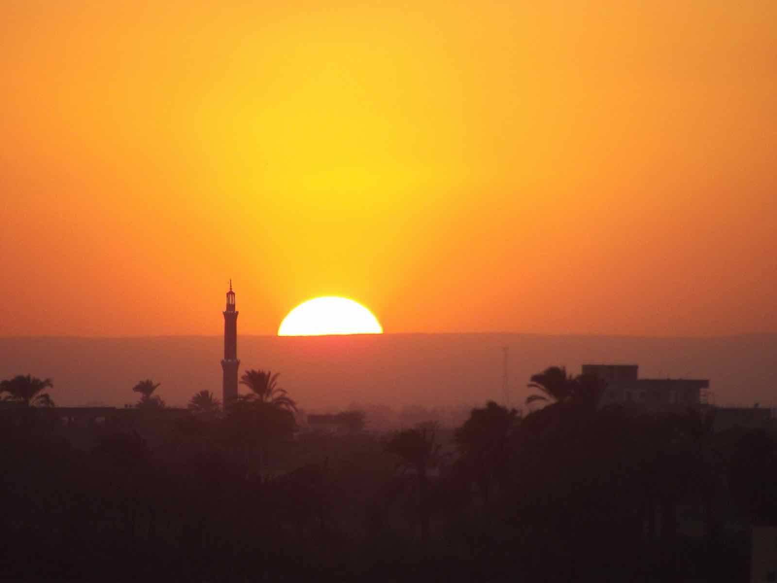 The sun setting over palms and fields on the West Bank of the Nile at Luxor
